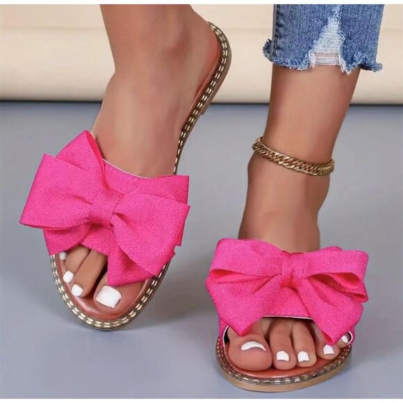 Women's Pink Brown Bow Knot Open Toe Slip On Slides Flat Slippers Sandals - Picture 3 of 4